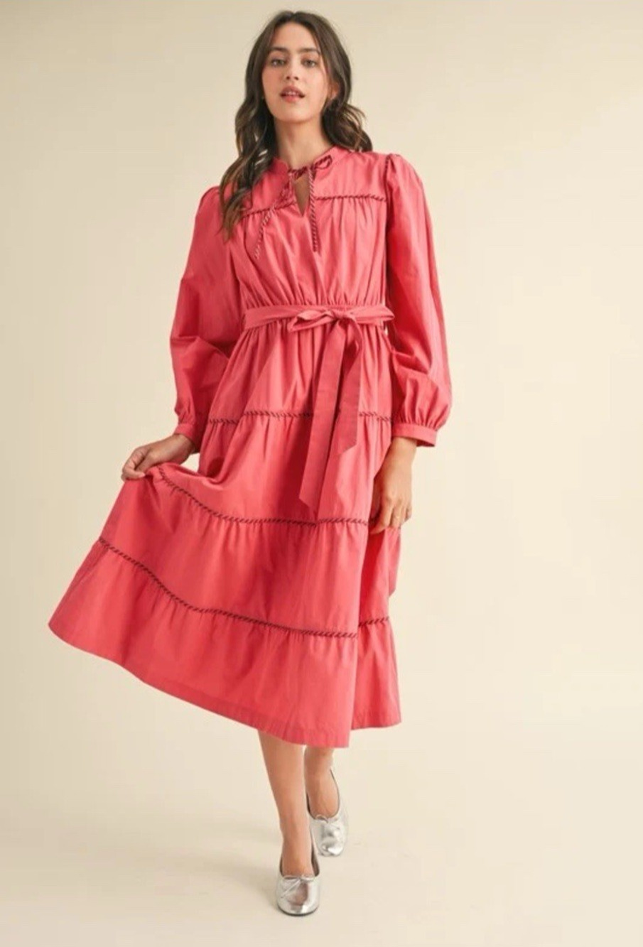 &MERCI Women's Raspberry Beret 100% Cotton Tiered Tie Waist Midi Dress Sz M